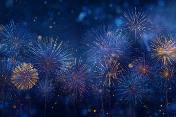 Naklejka premium Festive fireworks display dazzling blue and gold bursts against a dark night sky