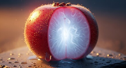 Glowing Red Fruit Cut Open with Water Droplets image