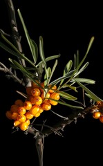 Fototapeta premium A bright sea buckthorn branch with juicy orange berries and narrow green leaves on a black background. Natural botanical composition, perfect for design, packaging, and autumn themes.