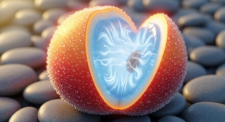 Orange Fruit Cut Open on Pebbles with Glowing Core