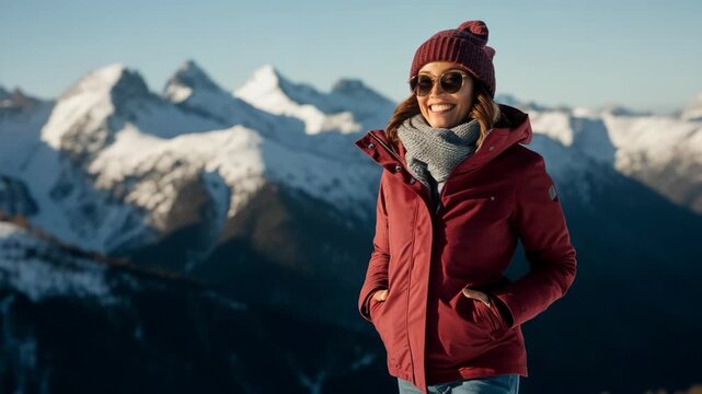 Smiling woman in winter clothing enjoying the mountain view in squamish