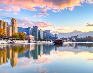 Fototapeta premium A picturesque urban scene at sunset. Tall buildings line the shore, reflected in calm water. Clouds fill the sky with pastel hues. Boats are docked