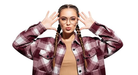 Stylish young woman with braids wearing glasses and plaid shirt posing confidently isolated on white background