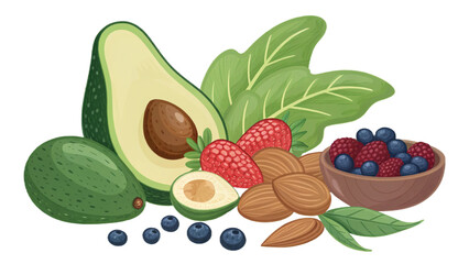 Illustration of avocado strawberries almonds blueberries and green leaves in a still life scene isolated on transparent background