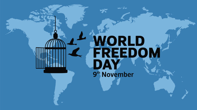 Vector art of world freedom day celebrated on november 9th with birds flying out of a cage over a world map