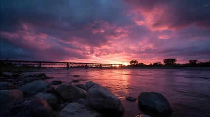 Dramatic sunset paints the sky with vibrant pink and purple hues over a serene river with a distant bridge