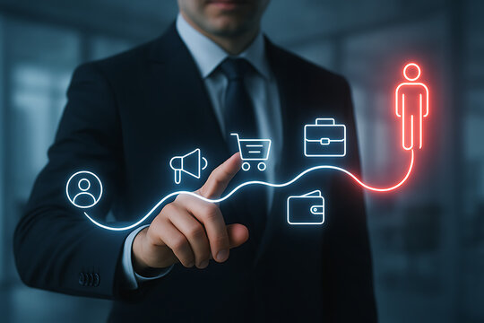 Businessman pointing to a neon customer journey map with icons for user profile, promotion, shopping cart, briefcase, wallet, and a final red client icon representing sales path