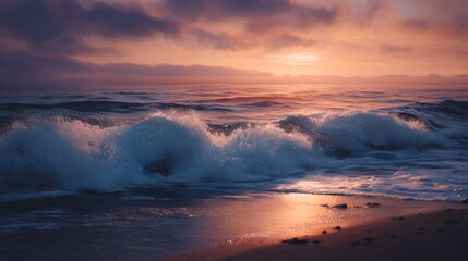 Fototapeta premium Waves crash on a sandy beach at sunrise with vibrant sky colors reflecting on the water