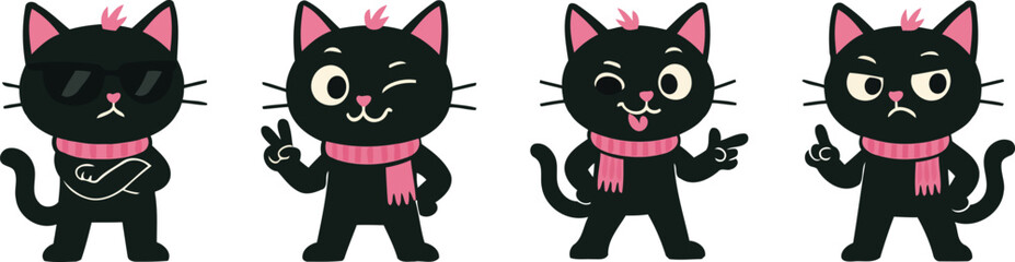 Cute black cat mascot in four cool poses: sunglasses with crossed arms, playful wink peace sign, cheeky tongue finger guns, and stern pointing gesture; flat vector cartoon set.