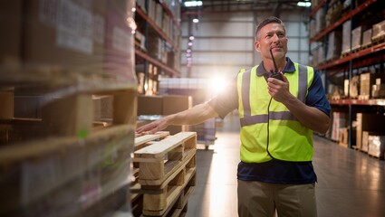 Focused warehouse manager holding radio and inspecting stock in a large distribution center