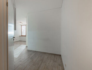 Home Entrance Hall. Interior. Wooden Outdoor Door, Brown Flooring. Minimalism. LED Light.