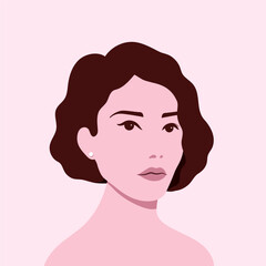 Woman's portrait in pink colors. Girl character. Vector illustration, flat design