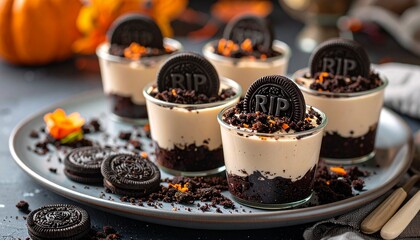 Creative Halloween images of spooky graveyard dirt pudding cups. A delicious and fun party food dessert with chocolate cookie tombstone with RIP text, served in glasses on a platter for festive treat.