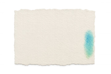 Obraz premium Torn edge watercolor paper displaying blue and green paint blob on textured blank craft note with transparent background