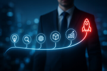 Businessman standing next to a glowing line graph leading to a red rocket icon, symbolizing business idea, planning, optimization, analytics, growth, and successful startup launch