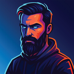 Artistic Representation: Portrait of a focused man in a captivating, brightly coloured illustration. Perfect for a book cover, story character.