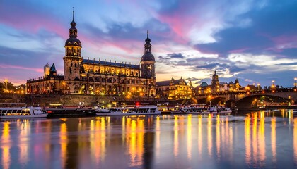Fototapeta premium A stunning cityscape at dusk showcases a grand building illuminated with many lights reflected on a body of water, with various boats and a bridge in the scene
