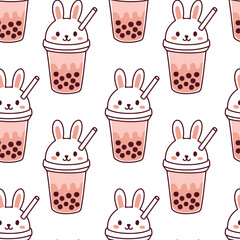 Adorable kawaii bunny bubble tea cups with tapioca pearls. Seamless repeating pattern for kids, textile, packaging, and decoration.