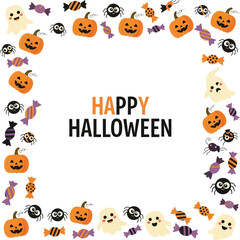 Spooky Halloween border with smiling pumpkins friendly ghosts playful spiders and festive candy creates a fun festive atmosphere for seasonal celebrations