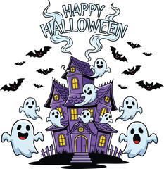 Fototapeta premium Spooky haunted mansion with playful ghosts and flying bats creates a fun, festive Halloween scene perfect for party invitations and decorations