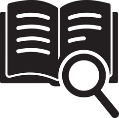 Research & Discovery Icon book, open book, magnifying glass, reading, research, knowledge, learning
