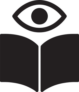 Knowledge & Vision Icon A simple black and white icon depicting an open book with an eye in the center.