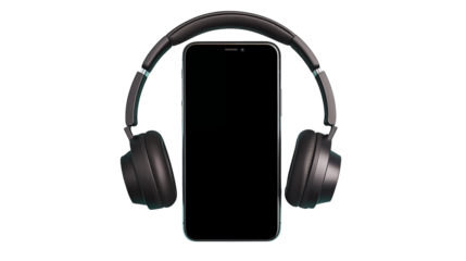 A black smartphone with a blank screen is positioned in front of a pair of dark over ear headphones