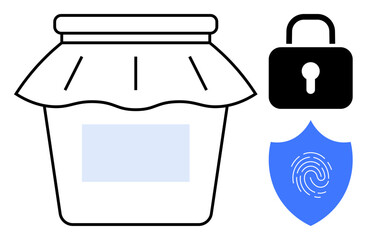 Closed jar, black padlock, and fingerprint shield symbolizing data safety, secure storage, and privacy. Ideal for cybersecurity, data protection, safekeeping, trust confidentiality innovation