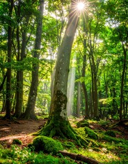 Fototapeta premium Sunlight streams through a vibrant forest, illuminating tall trees with rich green foliage
