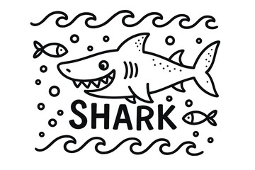 Fototapeta premium Doodle Shark Scene. Doodle shark with waves, fish, and bubbles, center word “Shark” in black and white isolated transparent