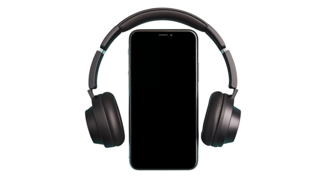 A black smartphone with a blank screen is positioned in front of a pair of dark over ear headphones