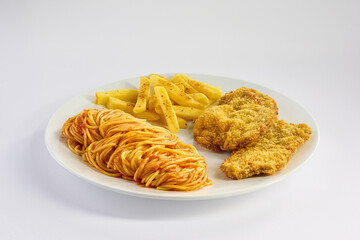 Plate with spaghetti, fries, breaded chicken schnitzel, on white background.