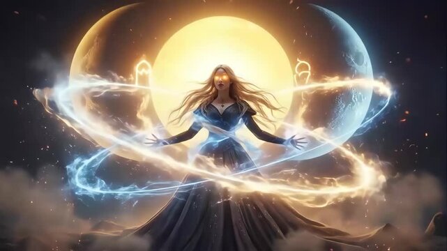 Woman glowing eyes magic fire ice spells celestial moons fantasy mystical sorceress casting energy