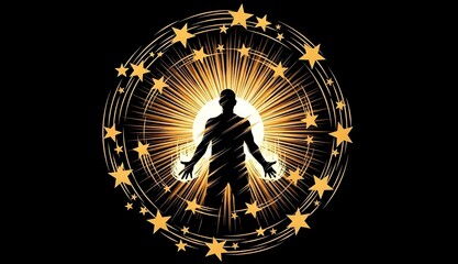 Silhouette With Golden Light And Stars ,Silhouette With Radiant Golden Light And Celestial Stars