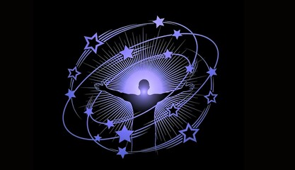 Silhouette With Blue And Purple Cosmic Orbits ,Silhouette With Cosmic Orbits And Starry Blue Purple Glow