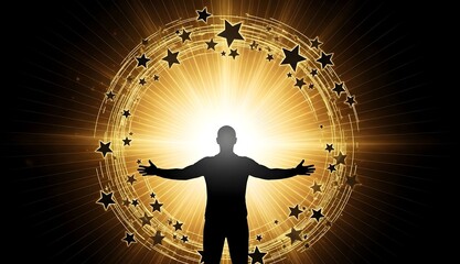 Silhouette With Golden Light And Stars ,Silhouette With Radiant Golden Light And Celestial Stars