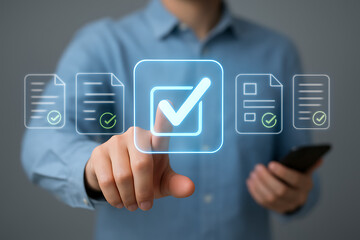 A person touching a holographic screen with a large glowing checkbox and a tick in the center, symbolizing successful task completion or approval of digital documents
