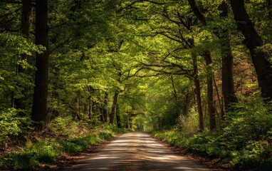 Naklejka premium Scenic forest road surrounded by tall green trees and sunlight filtering through foliage, peaceful woodland path symbolizing nature, serenity, and outdoor exploration 