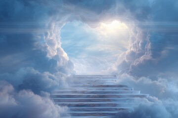 Heavenly staircase rising through glowing clouds toward a radiant light shaped like a heart, symbol of peace, afterlife and spiritual ascension in dreamy sky scene
