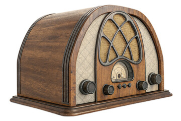 A vintage wooden radio with knobs and a speaker grill sitting on a wooden base against black background isolated on transparent background