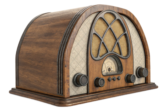 A vintage wooden radio with knobs and a speaker grill sitting on a wooden base against black background isolated on transparent background