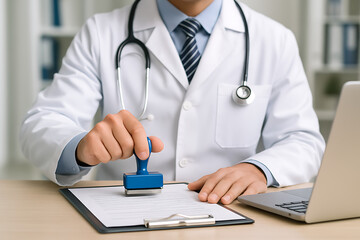 Doctor stamping medical form or insurance documents with a rubber stamp on a clipboard in a hospital or clinic setting for authorization
