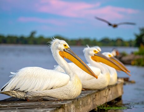 Three large white birds with yellow beaks sit on a wooden dock near a lake at sunset