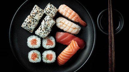Colorful sushi and noodles served on a black plate