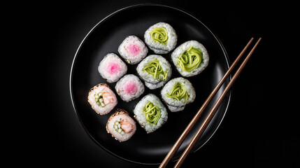 Colorful sushi rolls arranged neatly on a black plate