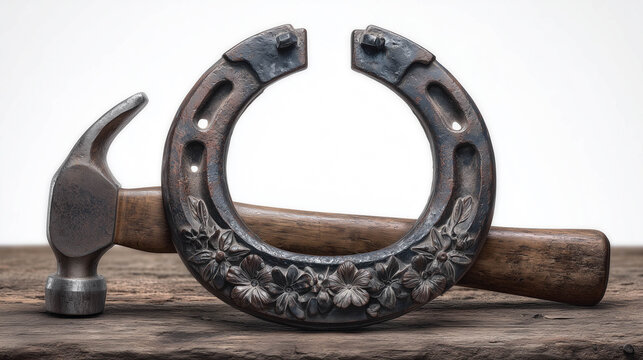 Forged iron horseshoe and hammer display on wood