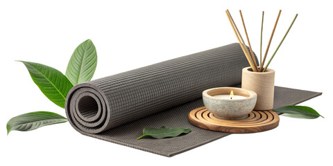 Gray yoga mat with green leaves candle and aroma sticks for meditation and relaxation setting isolated on transparent background