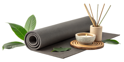 Gray yoga mat with green leaves candle and aroma sticks for meditation and relaxation setting isolated on transparent background