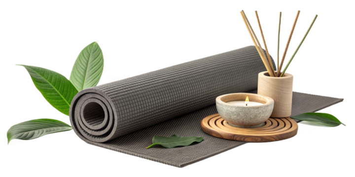 Gray yoga mat with green leaves candle and aroma sticks for meditation and relaxation setting isolated on transparent background