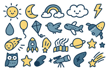 Naklejka premium Whimsical Sky Doodles. Sky doodle icon set: hand drawn icons of smiling sun, crescent moon, rainbow, cloud, lightning, raindrop,